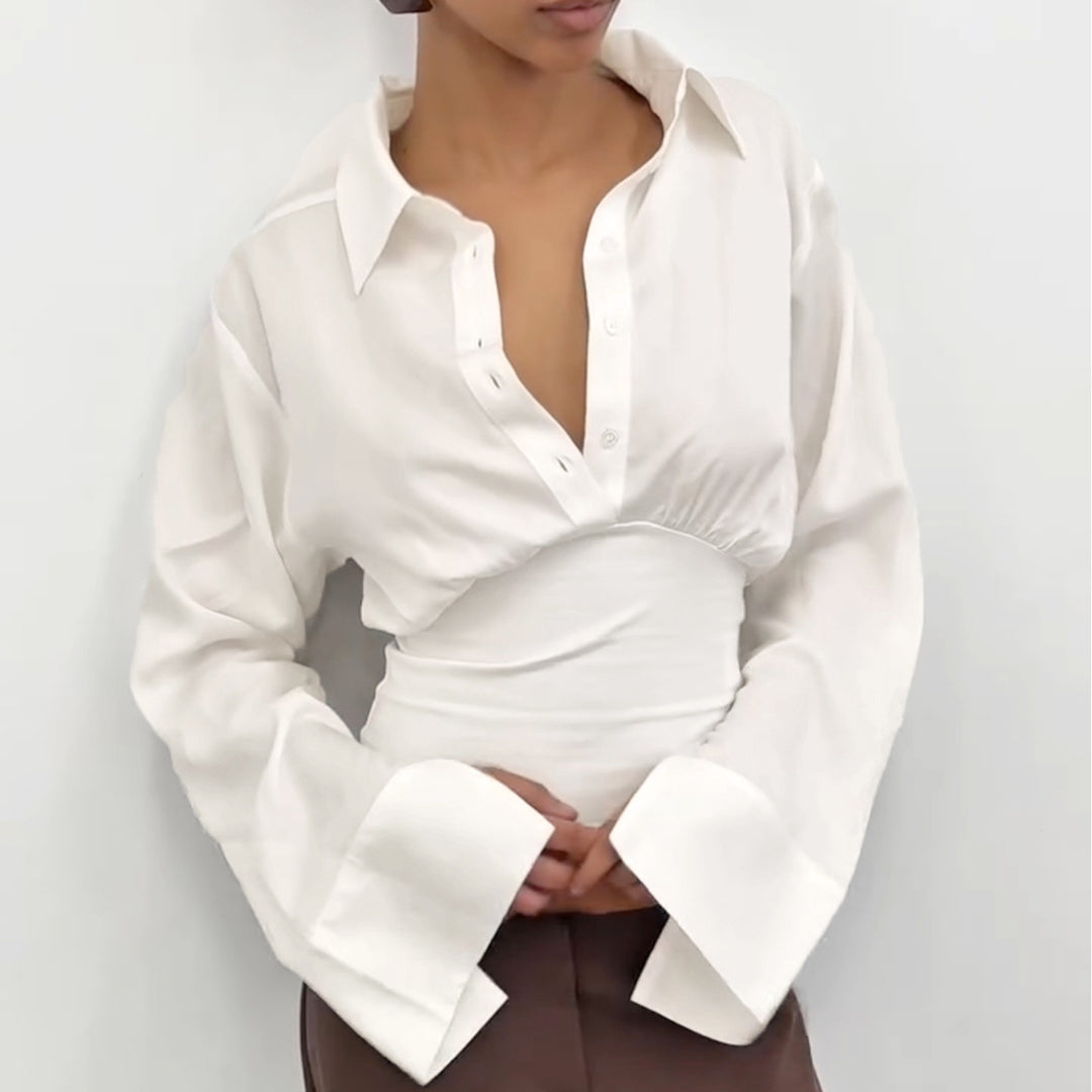 Damen nan taillierte Cropped-Bluse mit Hemdkragen und breitem Stretchbund Shop Nory