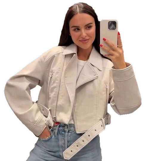 Damen Kurzgeschnittene Bikerjacke aus Kunstleder mit Taillengürtel Shop Nory