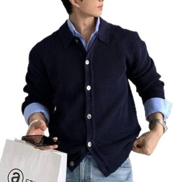 Unisex Grobgerippte Strickjacke mit Hemdkragen und durchgehender Knopfleiste Shop Nory