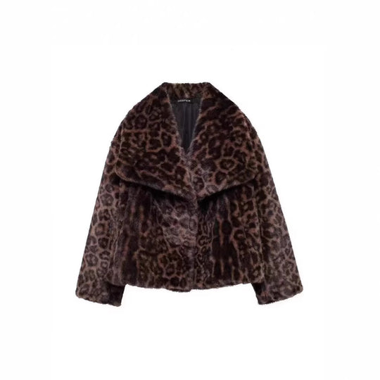 Damen kurze Boxy-Faux-Fur-Jacke mit Leopardenmuster und großem Schalkragen Shop Nory