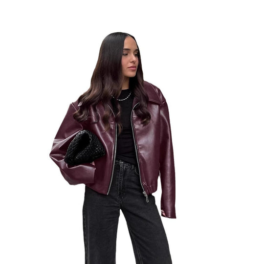 Damen Kurze Oversize Kunstlederjacke mit Hemdkragen und elastischem Saum Shop Nory