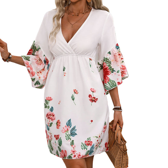 Damen Midikleid mit V-Ausschnitt, Empire-Taille und ausgestellten Flügelärmeln Shop Nory