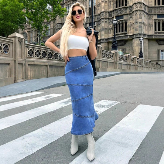 Damen taillenbetonter Denim‑Midirock mit wellenförmigen Ziernähten und ausgestelltem Saum Shop Nory