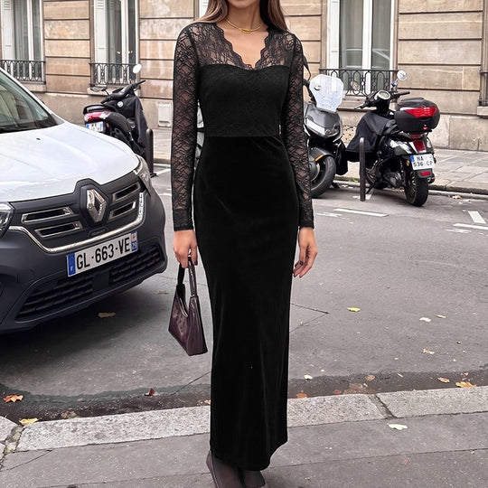 Damen Abendkleid mit transparenten Spitzenärmeln, Samtrock und Illusions‑Herzausschnitt Shop Nory