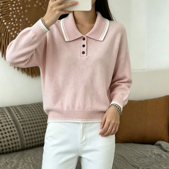 Damen Polokragen‑Strickpullover mit Knopfleiste und gerippten Bündchen Shop Nory