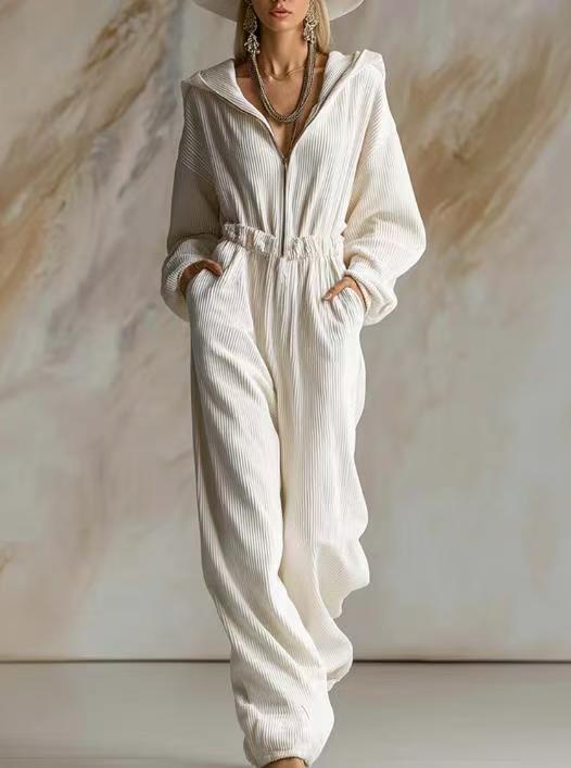 Damen Plissierter Kapuzen-Jumpsuit mit Reißverschluss und elastischer Taille Shop Nory