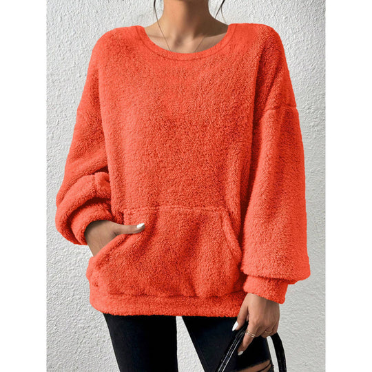 Damen Kuscheliger Oversize-Sherpa-Pullover mit Kängurutasche und Ballonärmeln Shop Nory