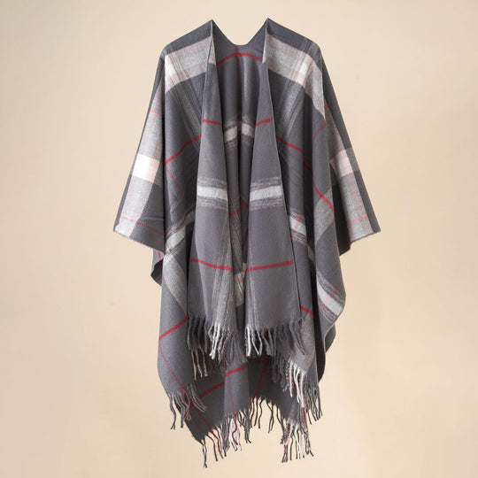 Damen Wollmix-Poncho mit Karomuster und Fransen Shop Nory
