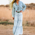 Damen Denim Maxikleid im Boho-Stil mit voluminösem Rock und Rüschen