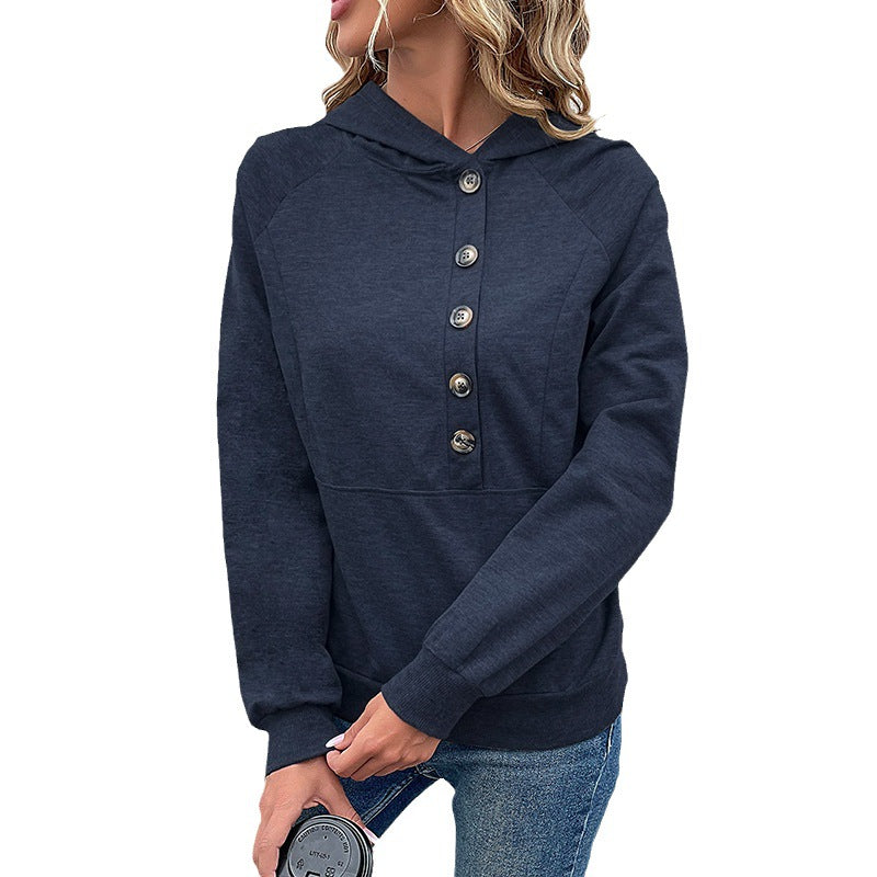 Damen Kapuzenpullover mit Zierknopfleiste, Raglanärmeln und Kängurutasche Shop Nory