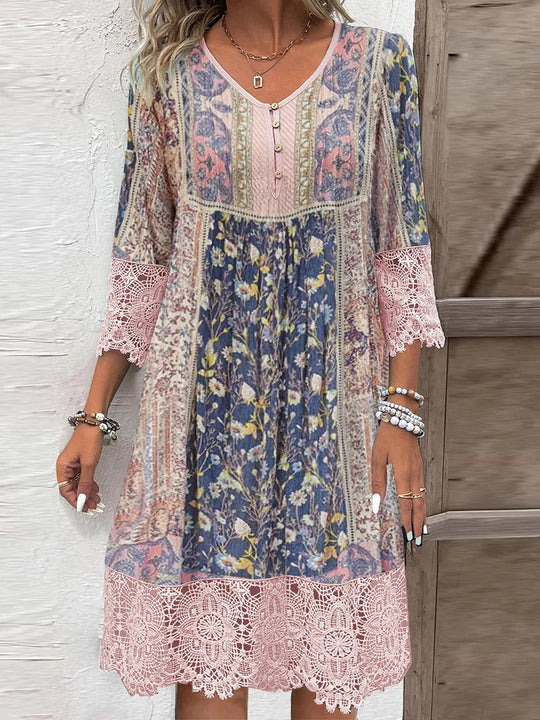 Frauen Boho Midi Kleid mit floralem Patchwork-Druck, Dreiviertelärmel und Häkelspitze Shop Nory