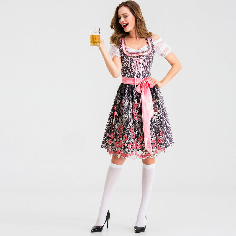 Damen nan traditionelles Kurzdirndl mit Spitzenärmeln, Schnürung und floraler Schürze Shop Nory