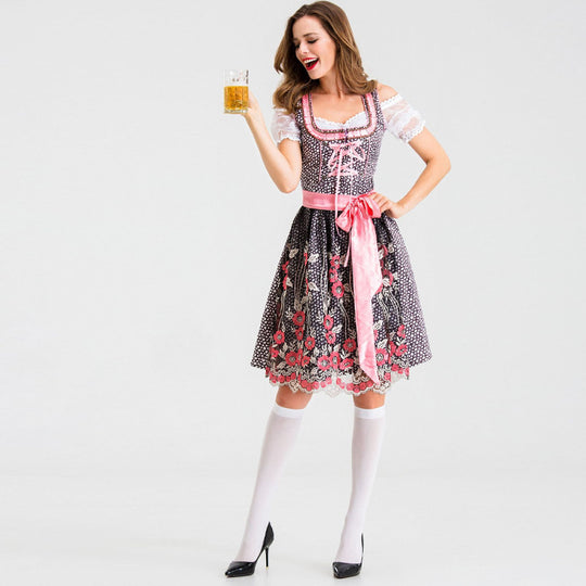 Damen nan traditionelles Kurzdirndl mit Spitzenärmeln, Schnürung und floraler Schürze Shop Nory