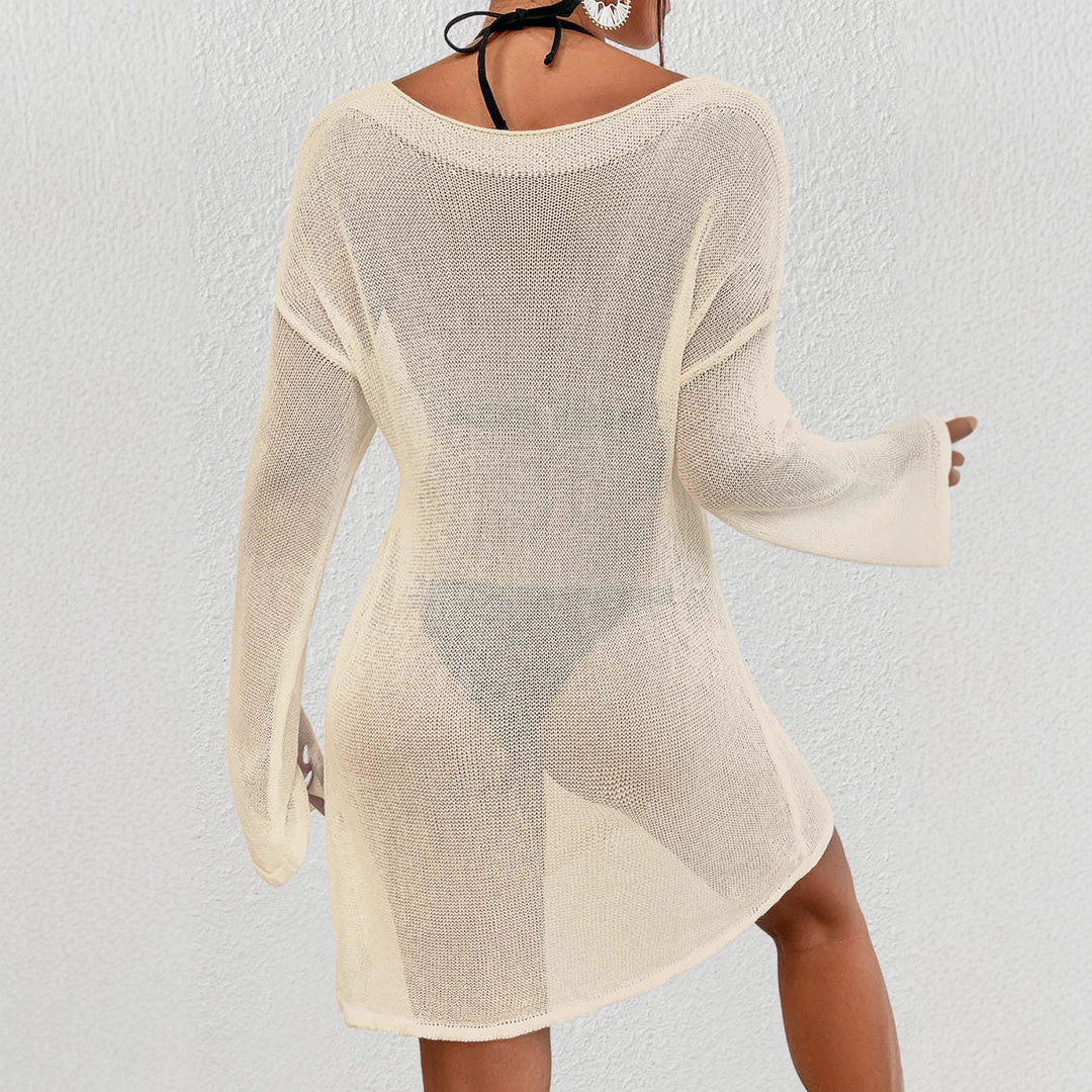 Damen transparenter Strandpullover mit asymmetrischem Ein-Schulter-Schnitt, Seitenschleife und lockerem Strick Shop Nory