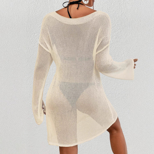 Damen transparenter Strandpullover mit asymmetrischem Ein-Schulter-Schnitt, Seitenschleife und lockerem Strick Shop Nory