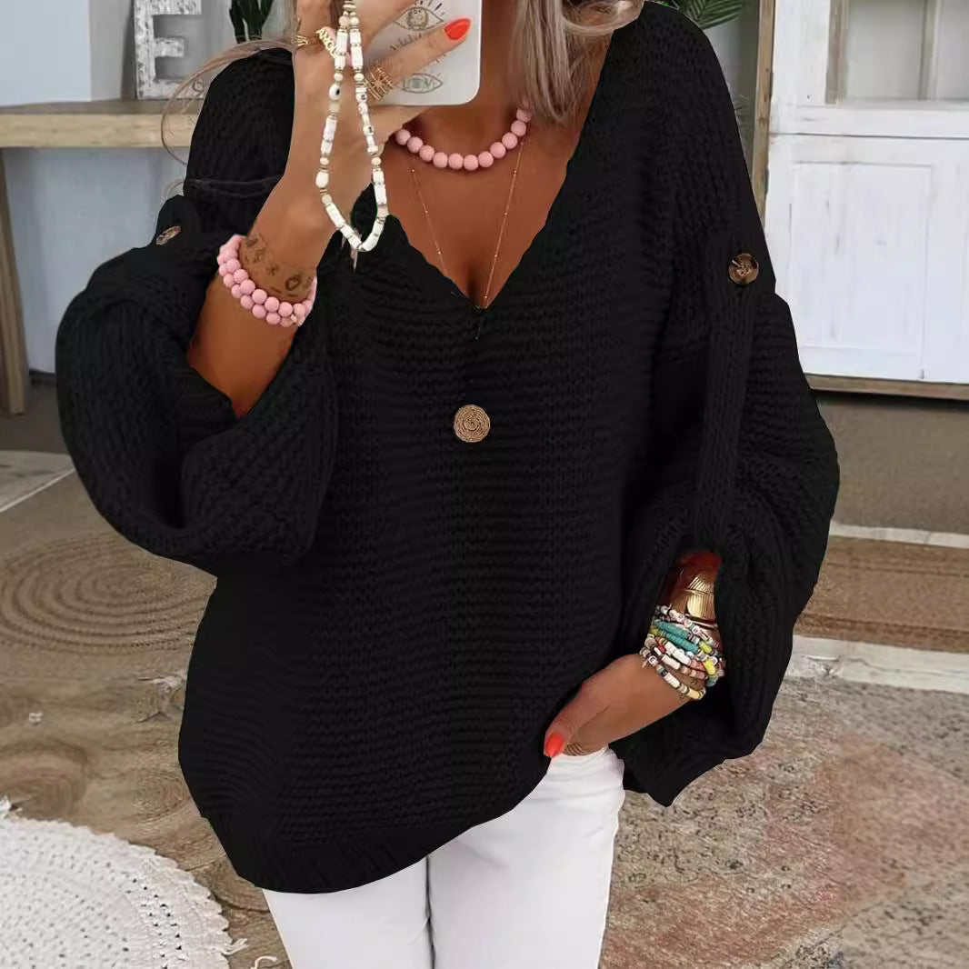 Damen weiter Strickpullover mit V-Ausschnitt, Ballonärmeln und Knopfdetail Shop Nory