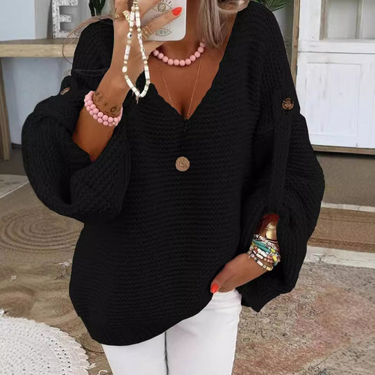 Damen weiter Strickpullover mit V-Ausschnitt, Ballonärmeln und Knopfdetail Shop Nory
