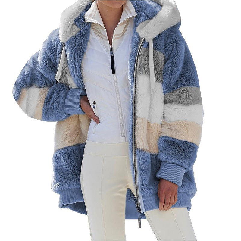 Damen nan kuschelige Oversize Kunstpelzjacke mit Kapuze, Blockstreifen und Rippbündchen Shop Nory