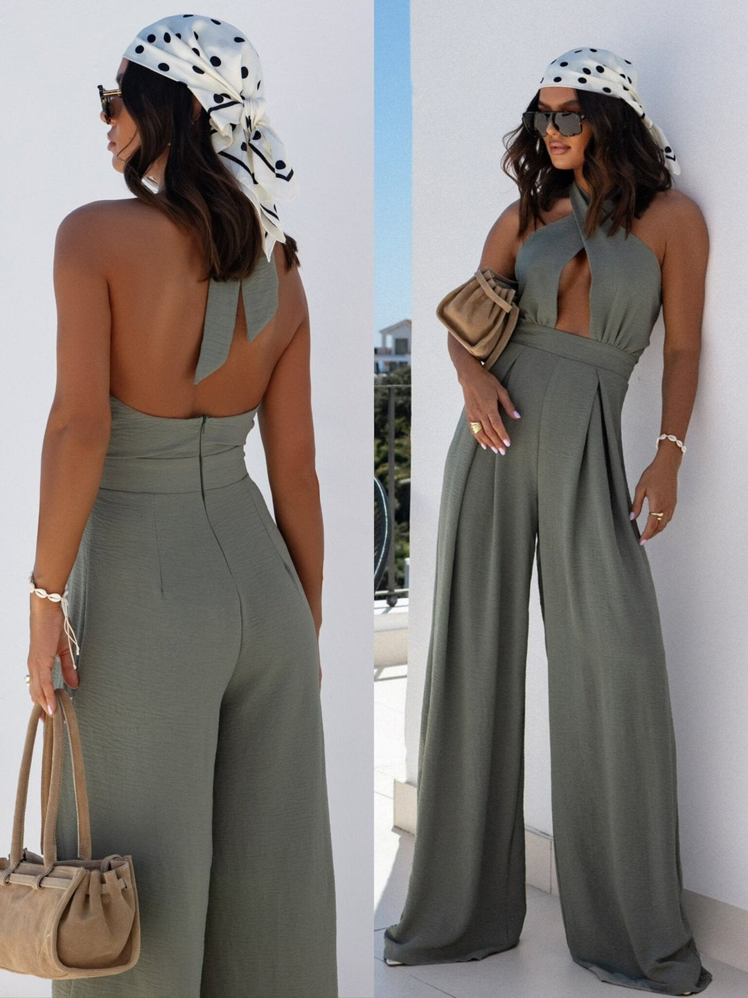 Damen Jumpsuit mit tiefem V-Ausschnitt und weiten Beinen
