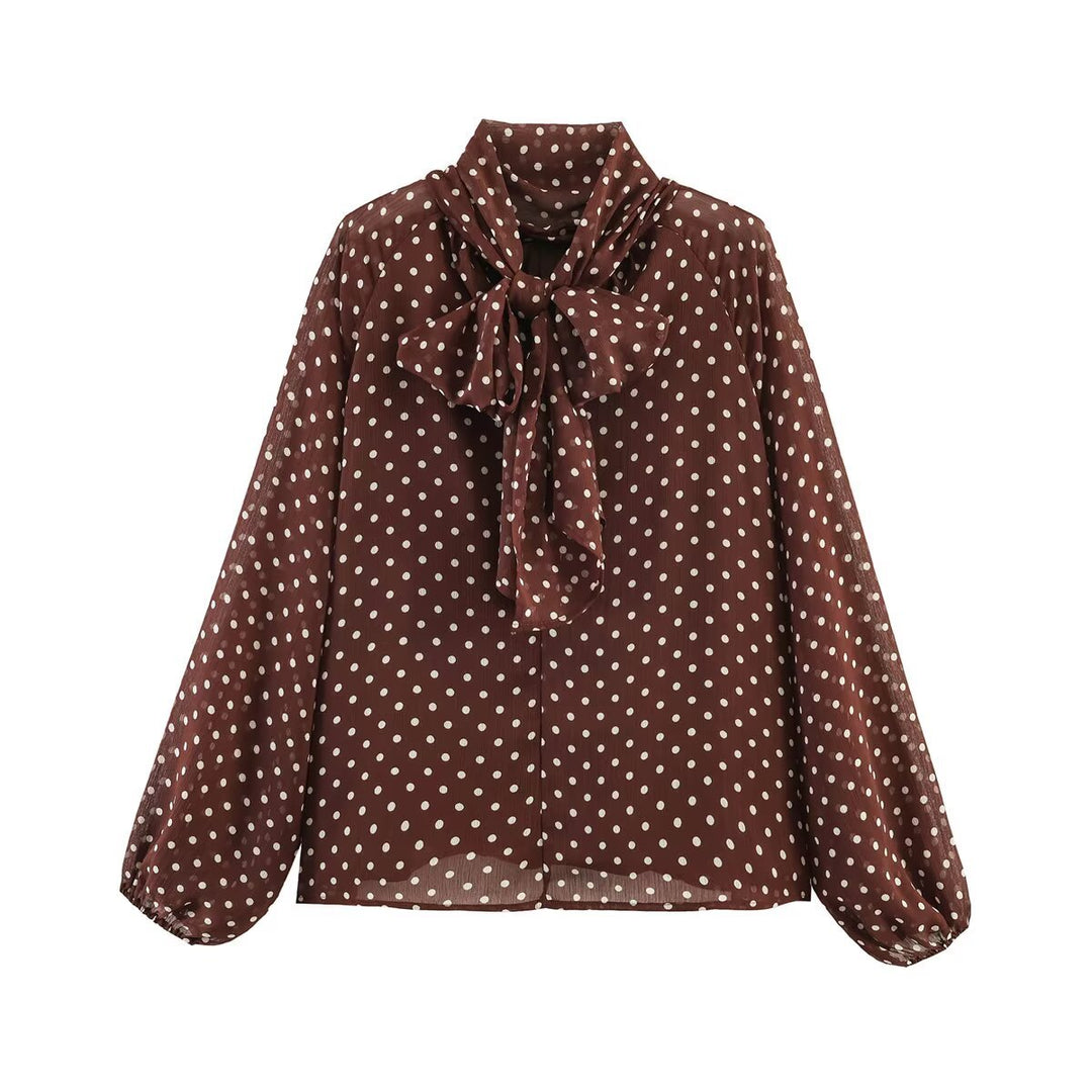 Damen Polka-Dot Bluse mit hohem Stehkragen, gerafftem Ausschnitt und Ballonärmeln Shop Nory