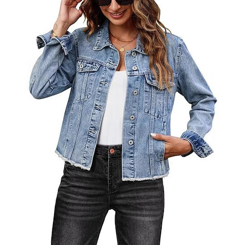 Damen Kurz geschnittene Denim-Jacke mit fransigem Saum und Brusttaschen Shop Nory