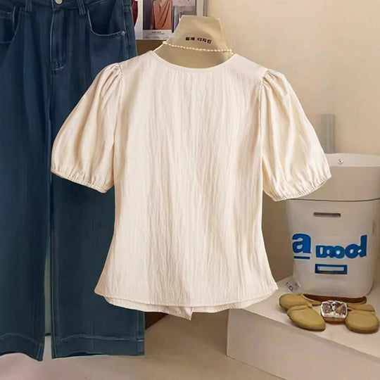 Damen Kurzärmlige taillierte Bluse mit Puffärmeln und seitlicher Schleife Shop Nory