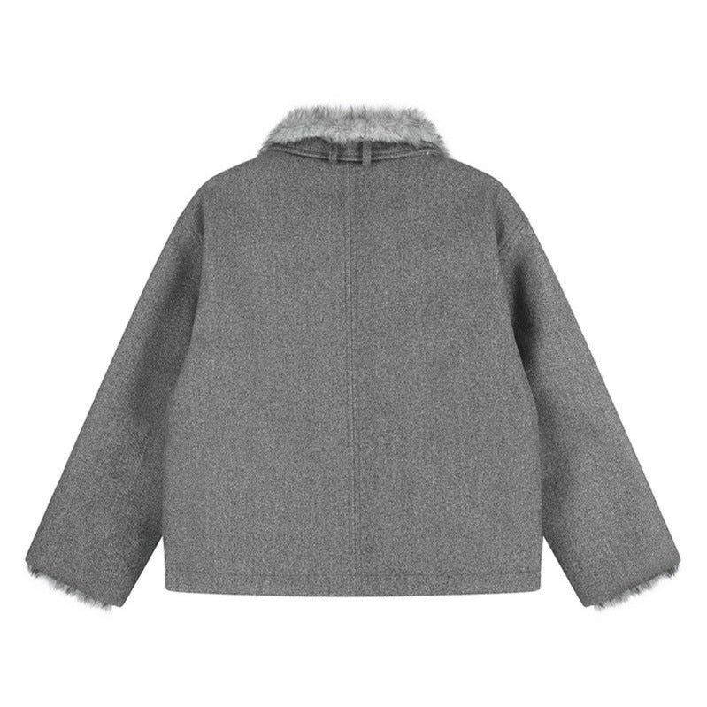 Damen Kurz geschnittene Wolljacke mit Kunstfellbesatz und asymmetrischer Knopfleiste Shop Nory