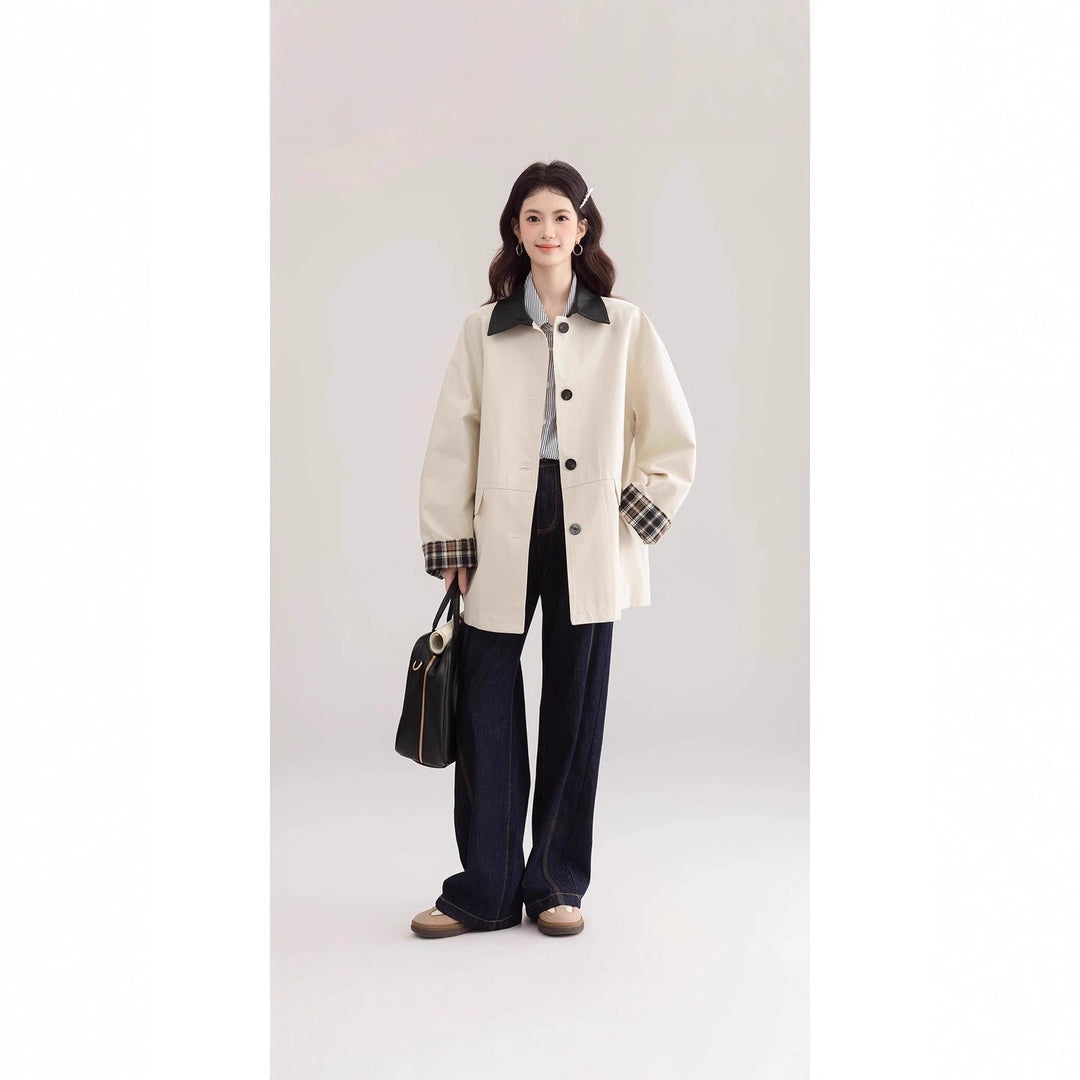 Damen Oversized Trenchcoat mit Kontrastkragen und Karo-Futter Shop Nory