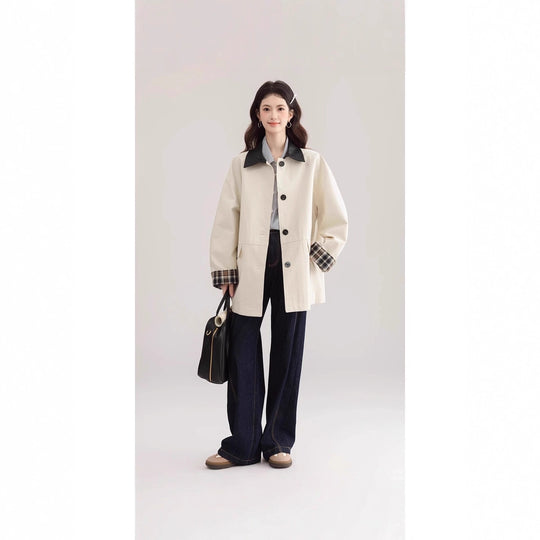 Damen Oversized Trenchcoat mit Kontrastkragen und Karo-Futter Shop Nory