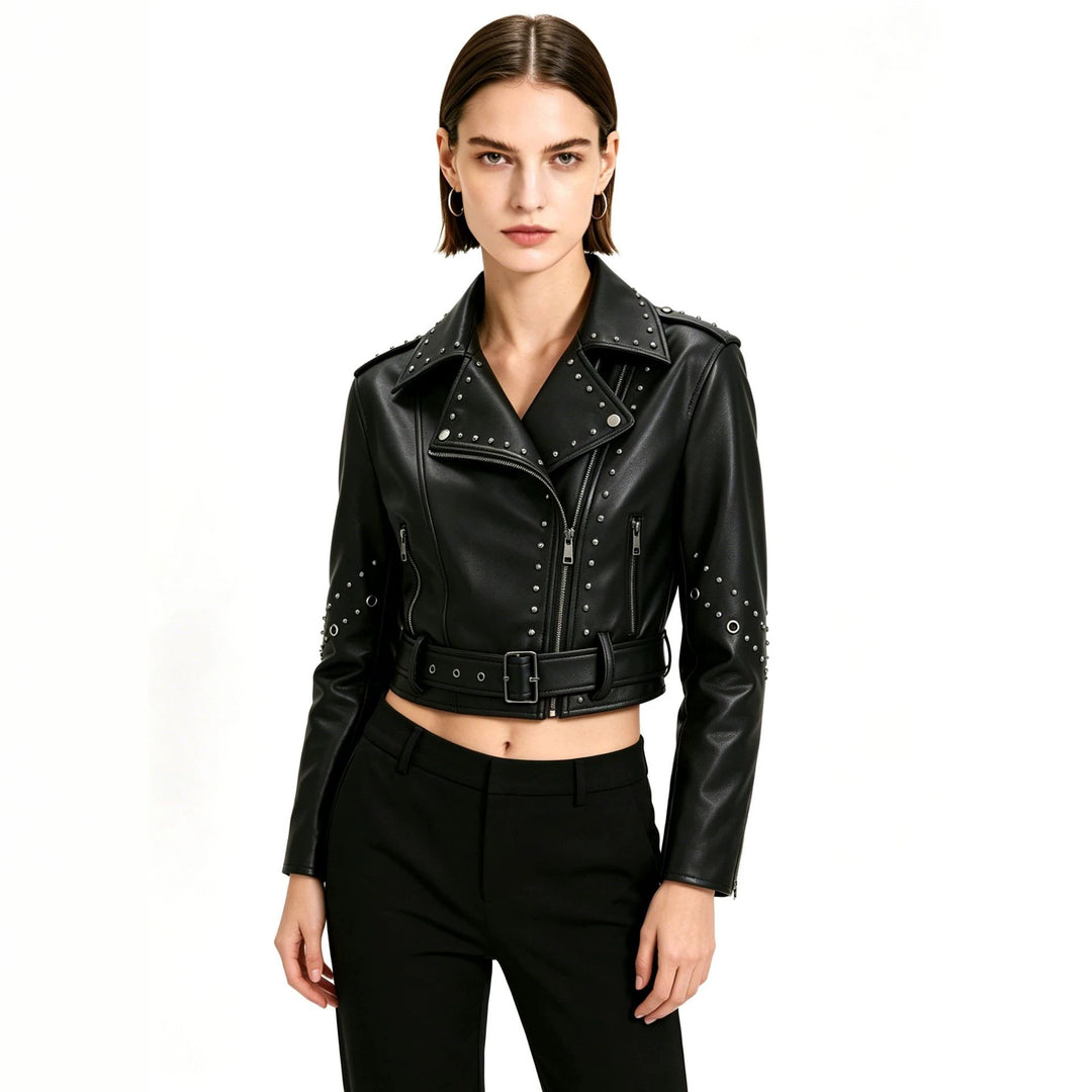 Damen Gekürzte Nieten-Bikerjacke mit Taillengürtel Shop Nory