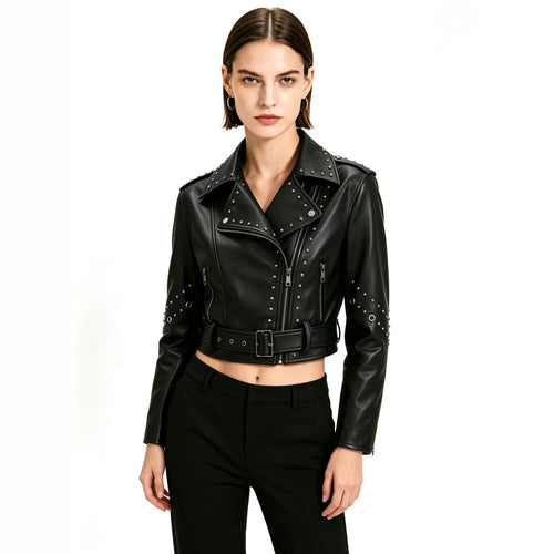 Damen Gekürzte Nieten-Bikerjacke mit Taillengürtel Shop Nory