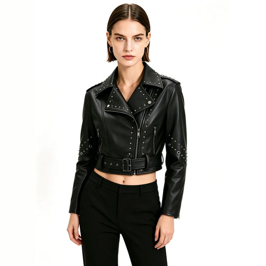 Damen Kurze Kunstleder-Bikerjacke mit Nietenbesatz und breitem Taillengürtel Shop Nory