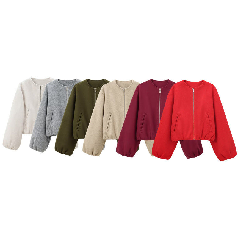 Damen Kurz geschnittene Blouson-Jacke mit Rundhals, Reißverschluss und Ballonärmeln Shop Nory