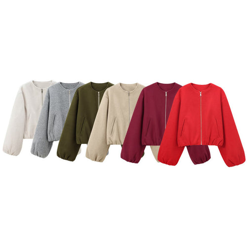 Damen Kurz geschnittene Blouson-Jacke mit Rundhals, Reißverschluss und Ballonärmeln Shop Nory