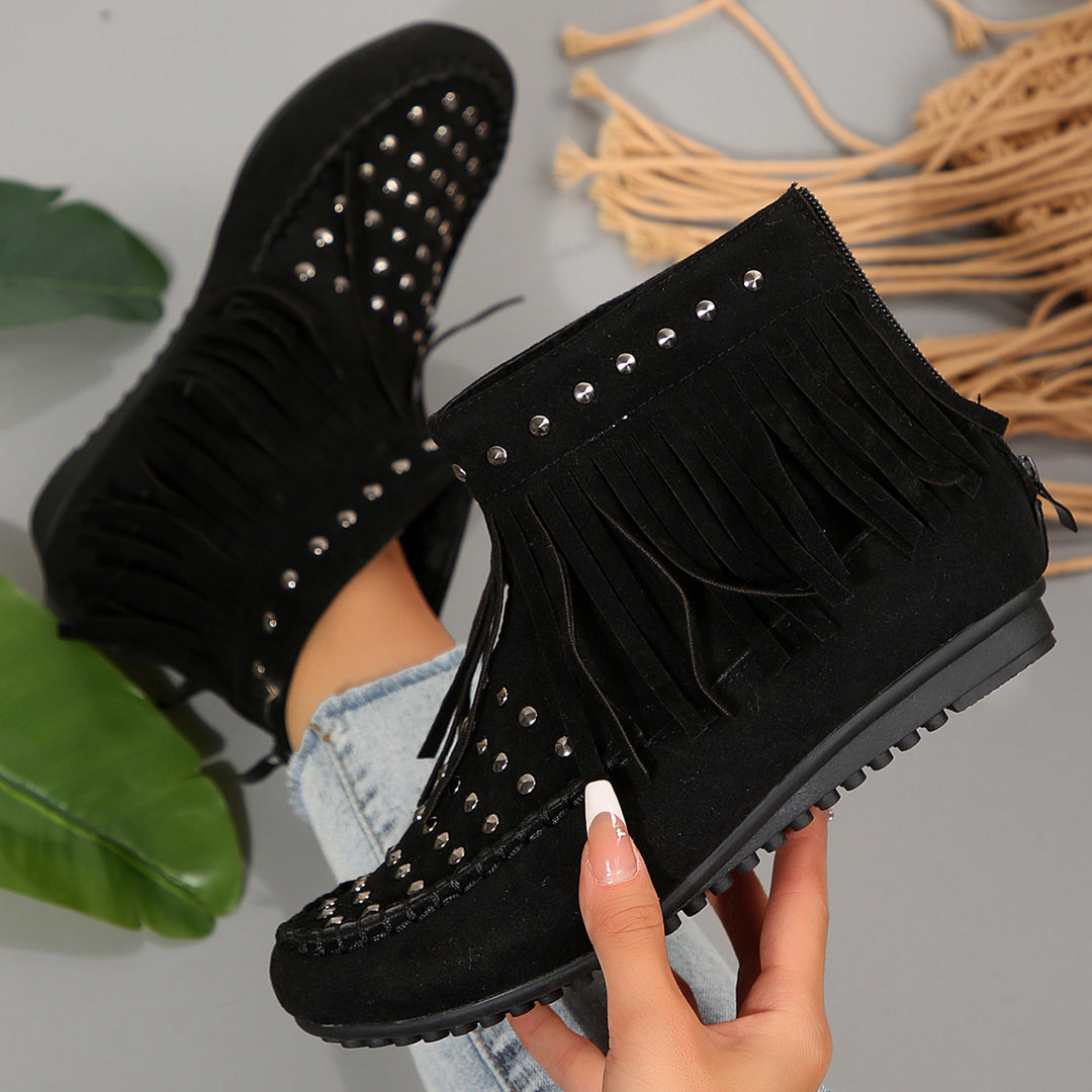Damen Fransen‑Ankleboots im Mokassinstil mit Nieten und Rückenreißverschluss Shop Nory