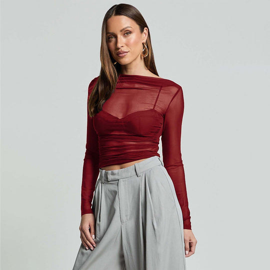 Damen Elegantes Langarmoberteil mit transparentem Mesh und Raffung