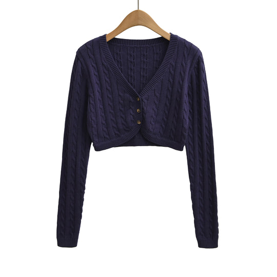 Damen Kurzgeschnittener Zopfstrick-Cardigan mit V‑Ausschnitt und Knopfleiste Shop Nory