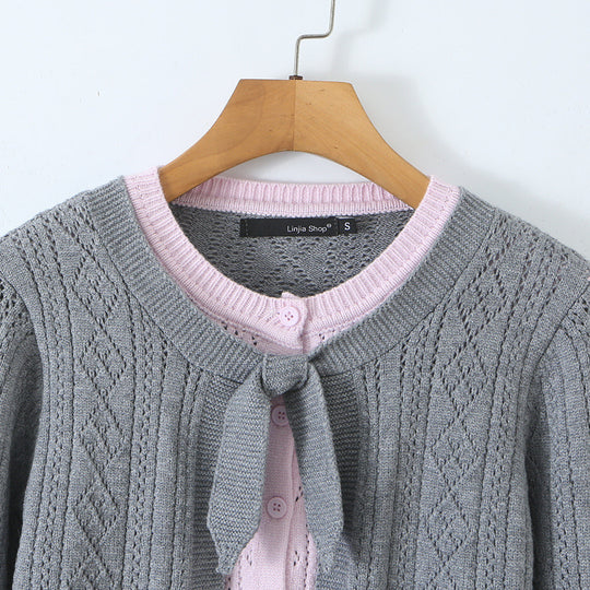 Damen Feinstrick-Zweiteiler Cardigan mit Schleifenkragen und Zierweste Shop Nory