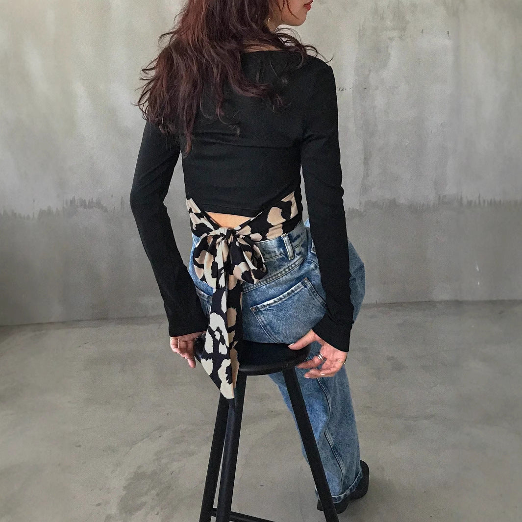 Damen Cropped Wickelshirt mit Rückenschleife und bedrucktem Bindegürtel Shop Nory