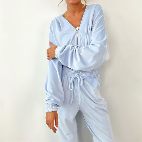 Damen luxuriöses Samt-Jogginganzug-Set mit Kapuze, Reißverschluss und tailliertem Kordelzug Shop Nory