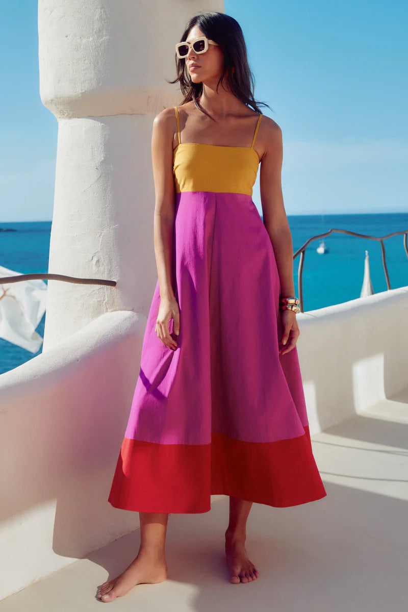 Damen Maxikleid mit farbenfrohem Blockdesign und verstellbaren Spaghettiträgern