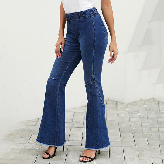 Damen hochtaillierte ausgestellte Denim-Hose mit elastischem Tunnelzugbund, Ziernähten und rohem Saum Shop Nory