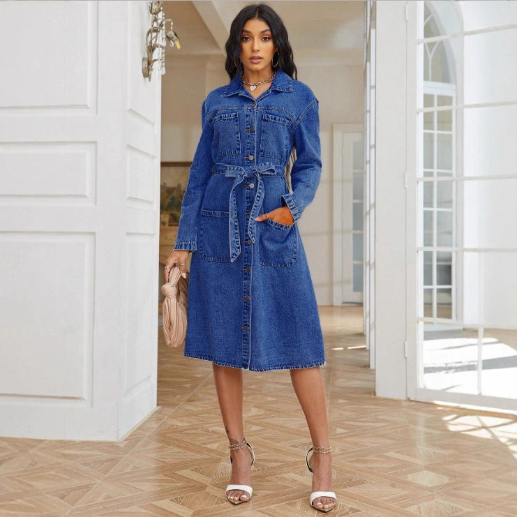 Damen Midikleid aus Denim mit Taillengürtel und durchgehender Knopfleiste Shop Nory