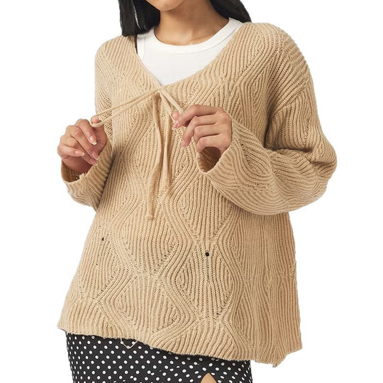 Damen Oversize Strickpullover mit V-Ausschnitt, Kordelzug und Rautenstruktur Shop Nory