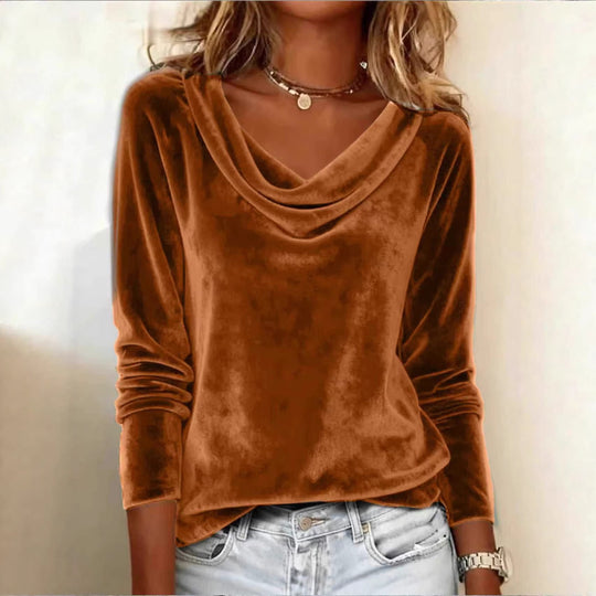 Damen Samt-Longsleeve mit Wasserfallkragen und legerem Schnitt Shop Nory