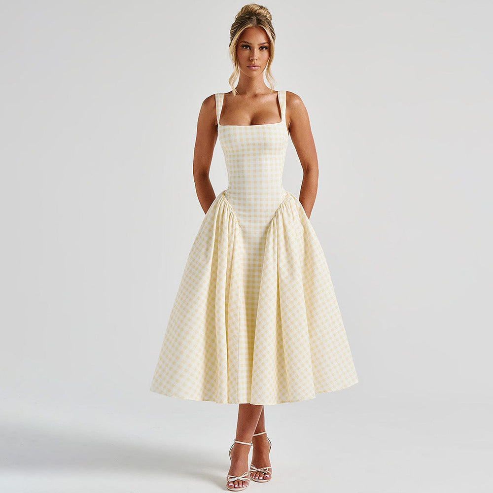 Damen Sommerliches Maxikleid mit Karo-Design und seitlichen Raffungselementen