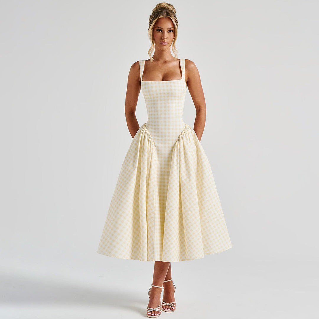 Damen Sommerliches Maxikleid mit Karo-Design und seitlichen Raffungselementen