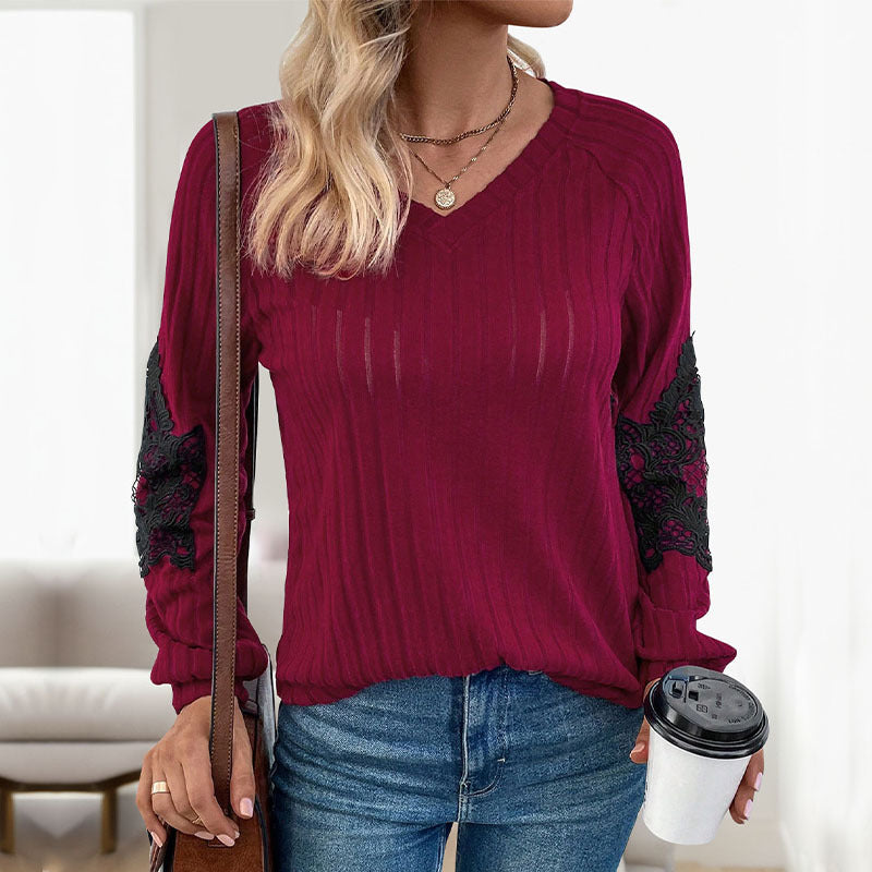 Damen Leichter Rippstrick-Pullover mit V-Ausschnitt und floraler Spitzenapplikation an den Ärmeln Shop Nory