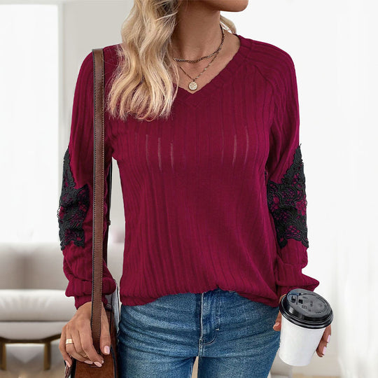 Damen Leichter Rippstrick-Pullover mit V-Ausschnitt und floraler Spitzenapplikation an den Ärmeln Shop Nory