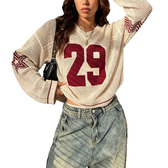 Damen Oversize Netz-Strick Cropped Pullover mit V-Ausschnitt Shop Nory